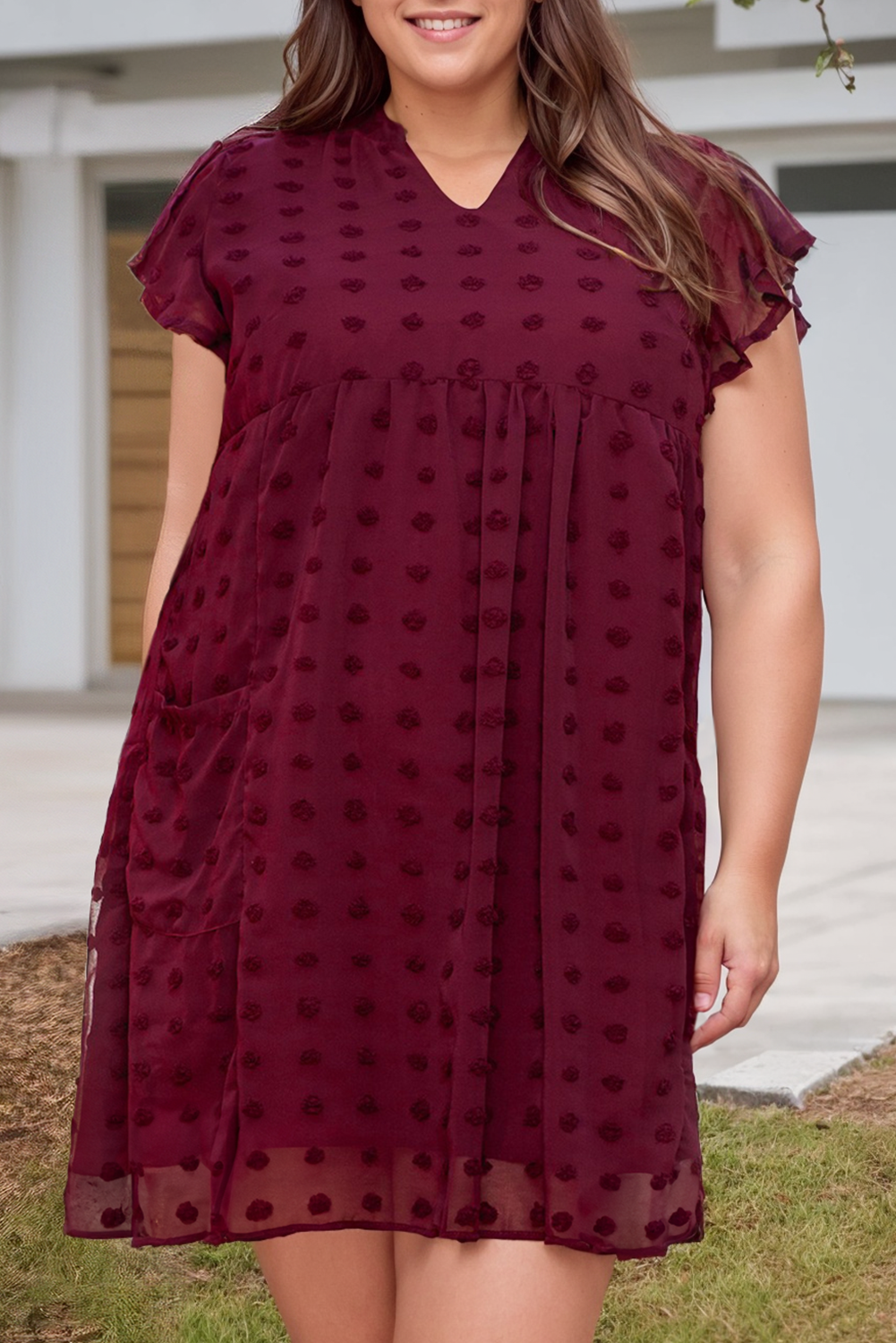 Plus Size Dot Ruffled Sleeve V Neck Dress