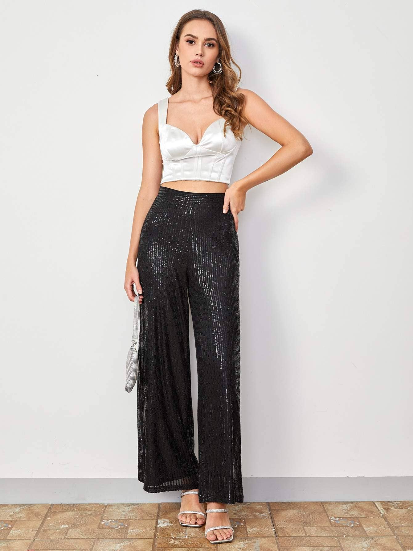 High waist sequin wide leg pants