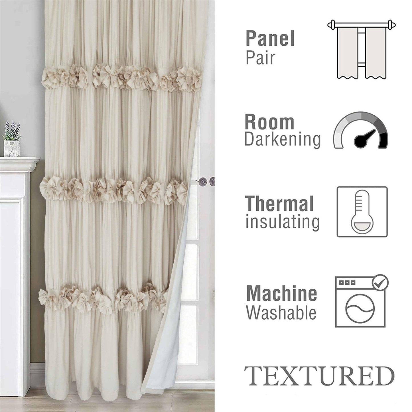 HIG Farmhouse Ruffle Window Curtains with Blackout Liner