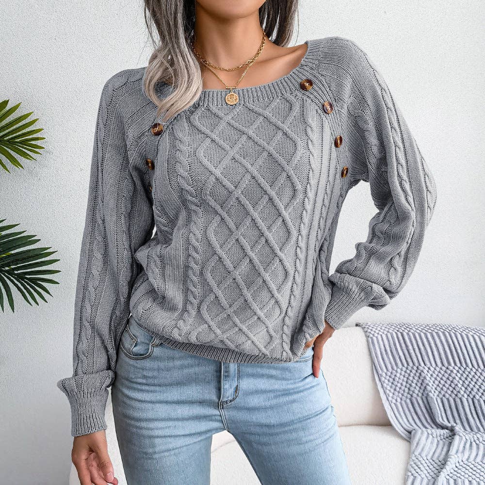 Fall Winter Casual Square Neck Button Detail Cable Knit Swea