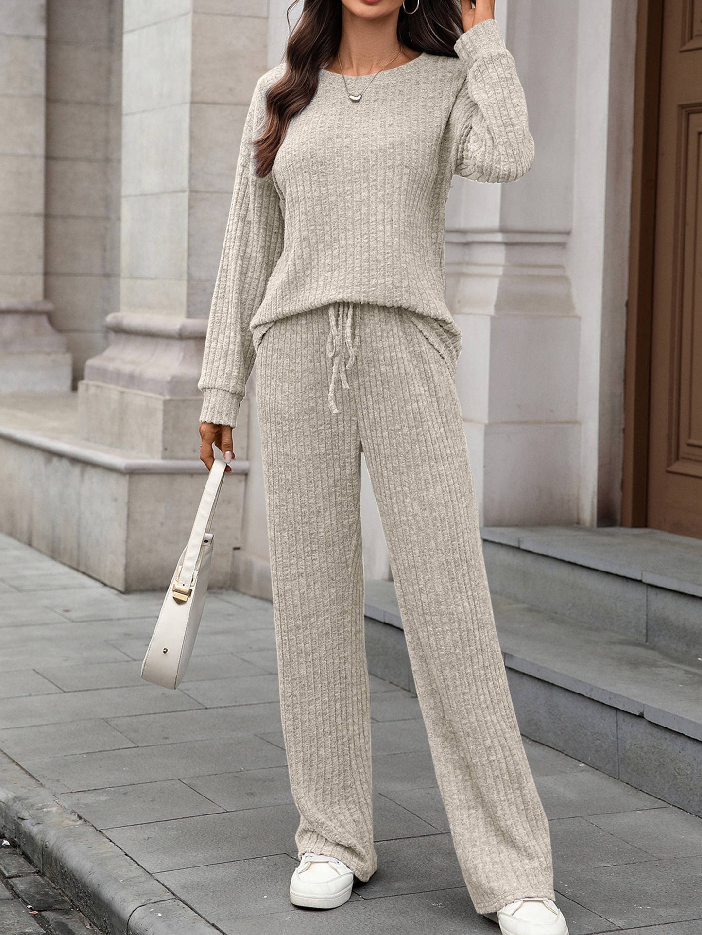 Round Neck Knitted Brushed Long Sleeved Pants Set