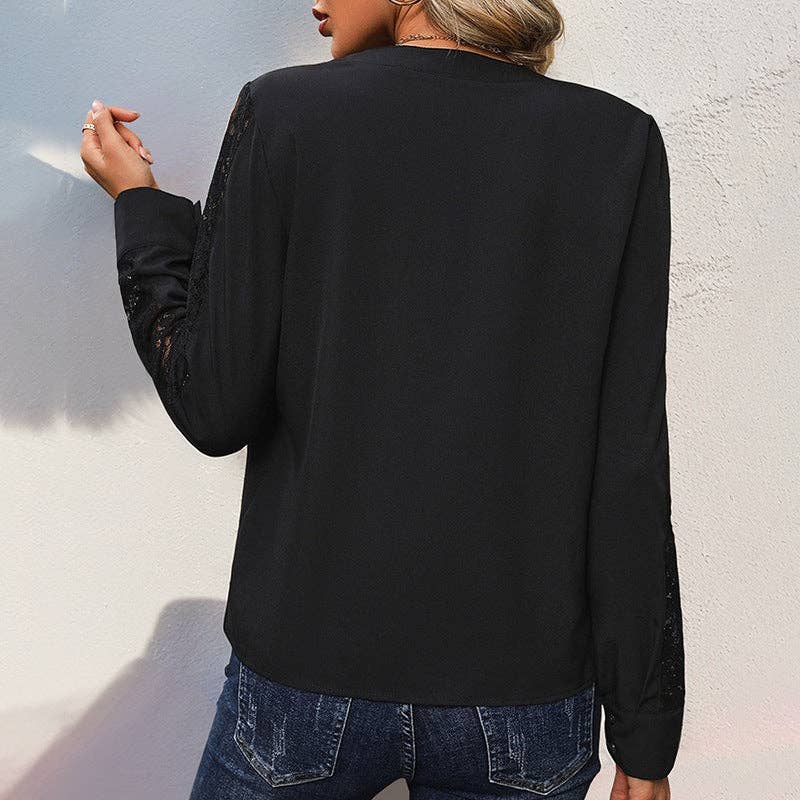 Long Sleeve V-Neck Pullover Lace Splicing Shirt