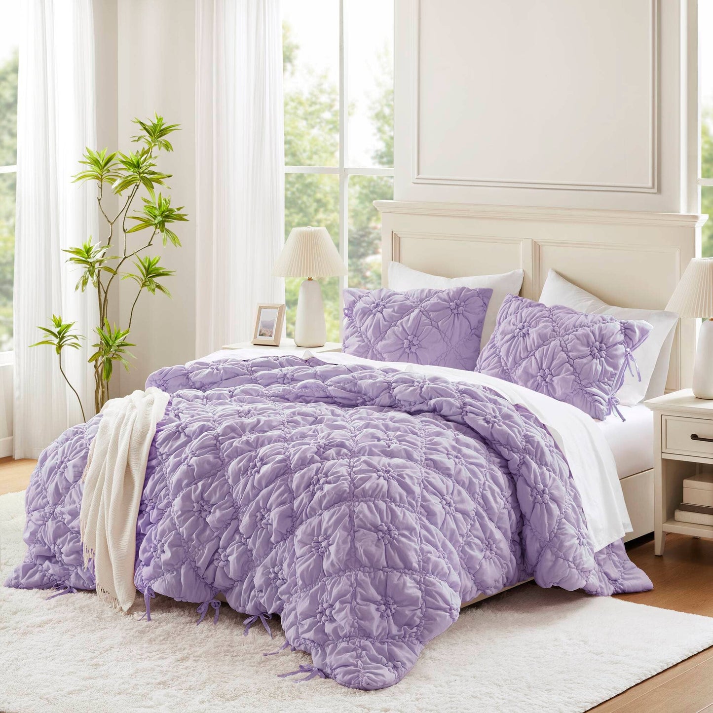 Bowtie Lightweight Puffy Floral Comforter Set, Purple