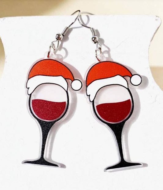 ( J025 )  ACRYLIC SANTA HAT AND WINE GLASS EARRING