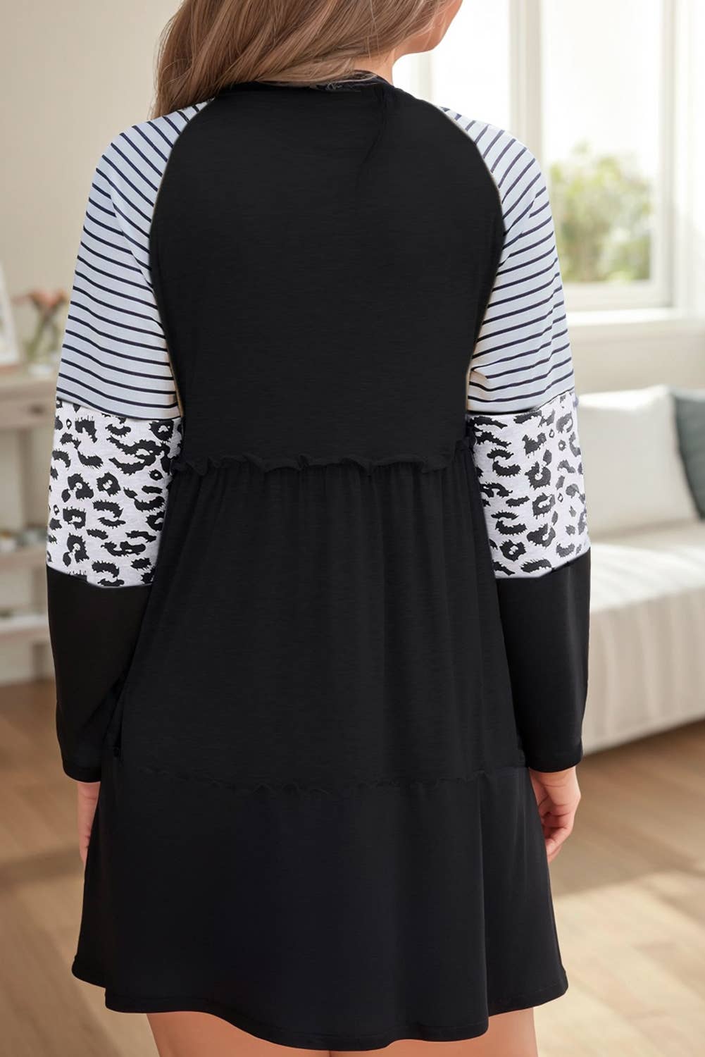 Plus Size Striped Leopard Patch Sleeve Ruffle Tiered Dress