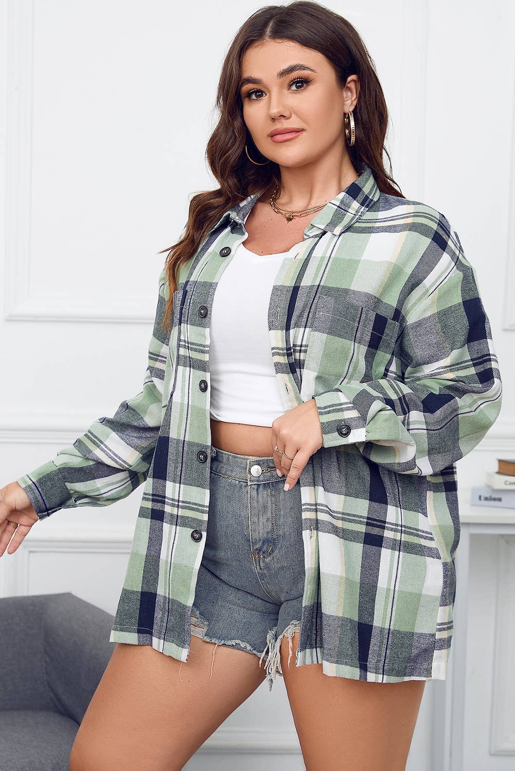 Green Plaid Button Up Patch Pocket Shirt (S-XXL)
