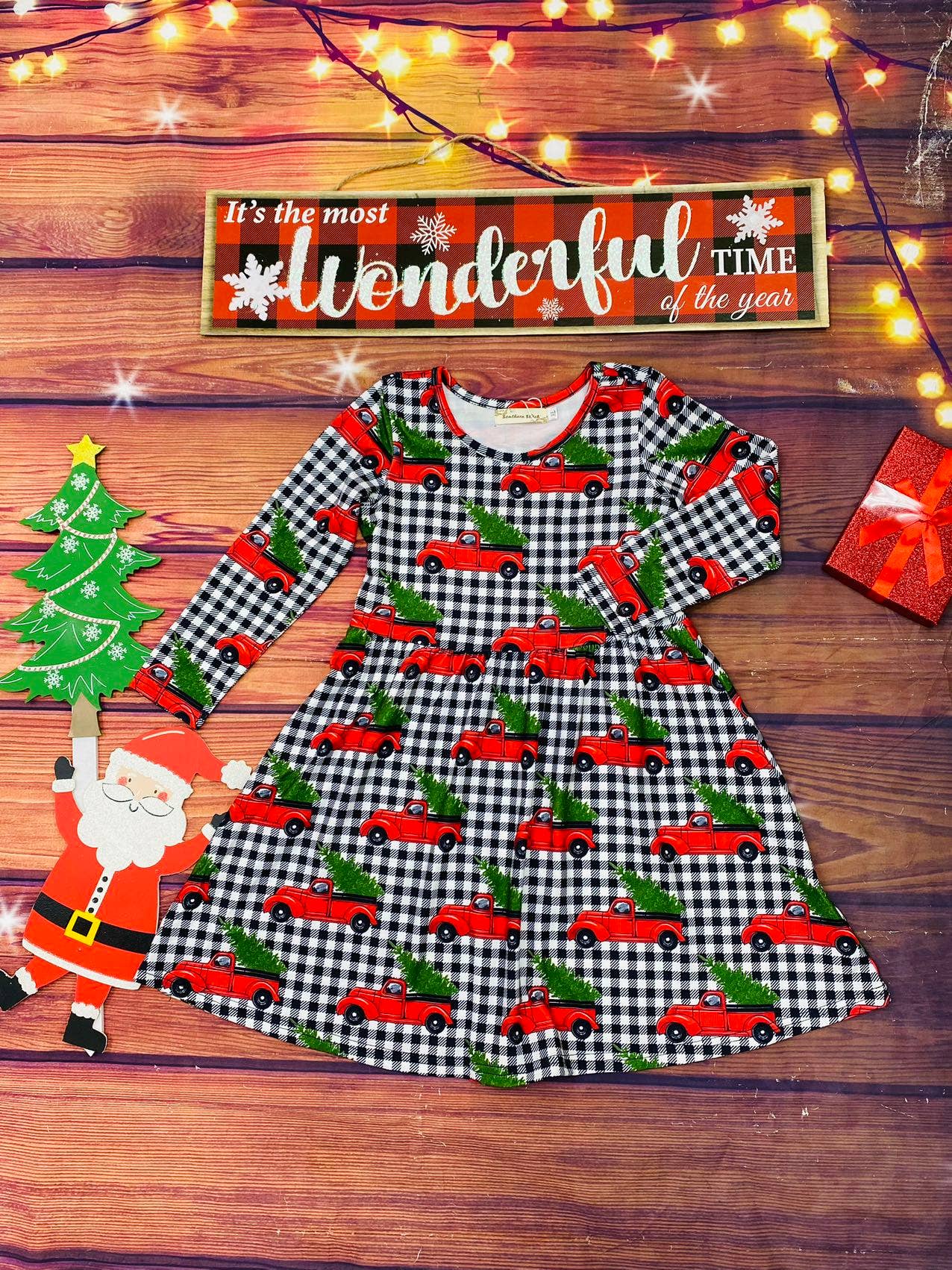 Red truck&tree black/white plaid sleeve dress XCH0017-8H