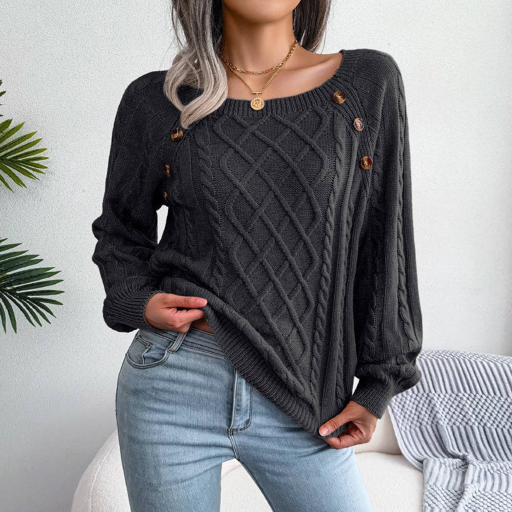 Fall Winter Casual Square Neck Button Detail Cable Knit Swea