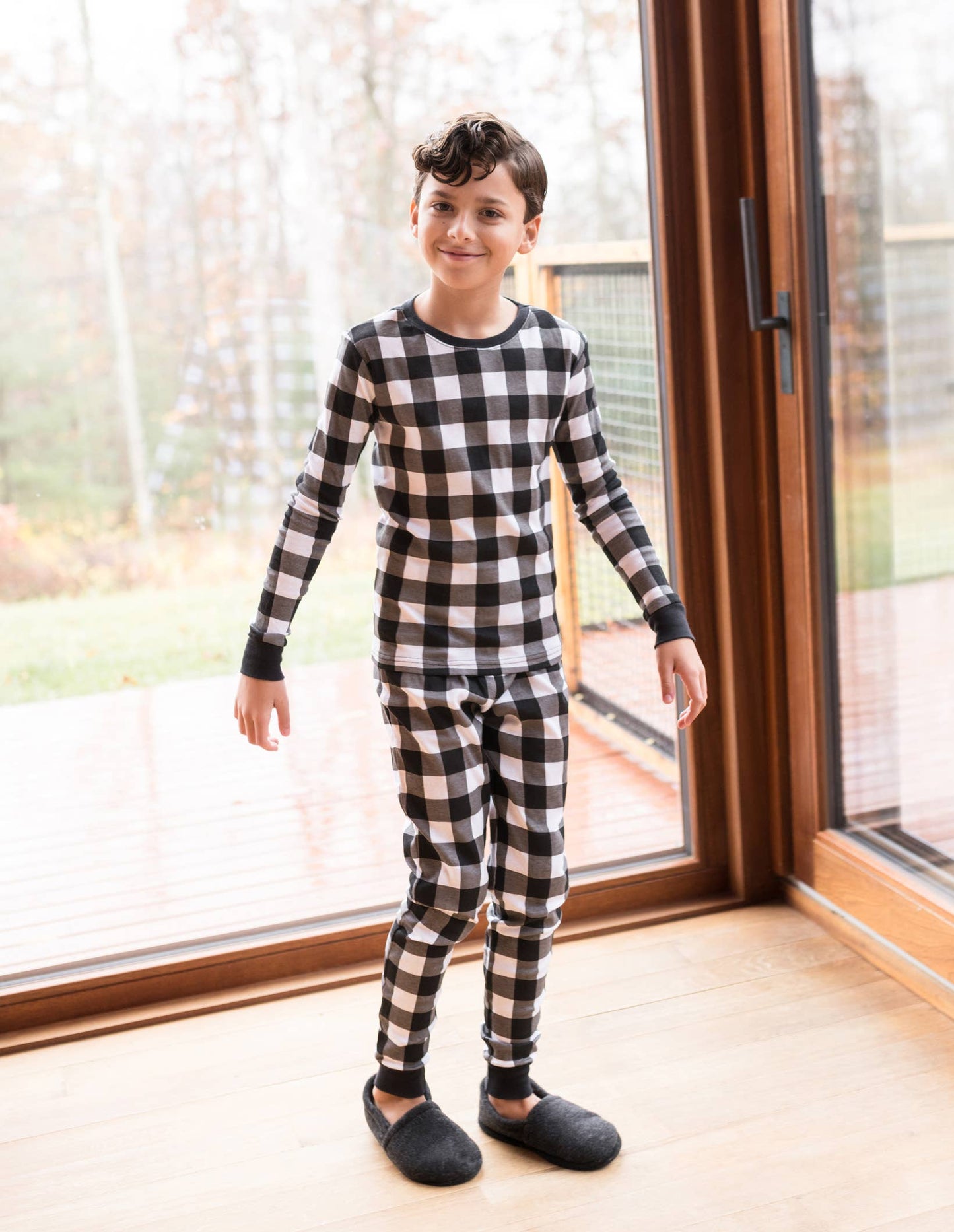 Kids Two Piece Cotton Pajamas Black & White Plaid