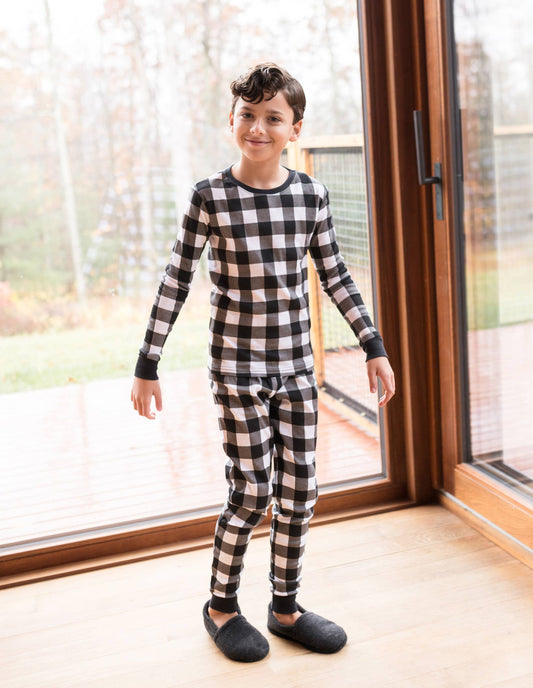 Kids Two Piece Cotton Pajamas Black & White Plaid