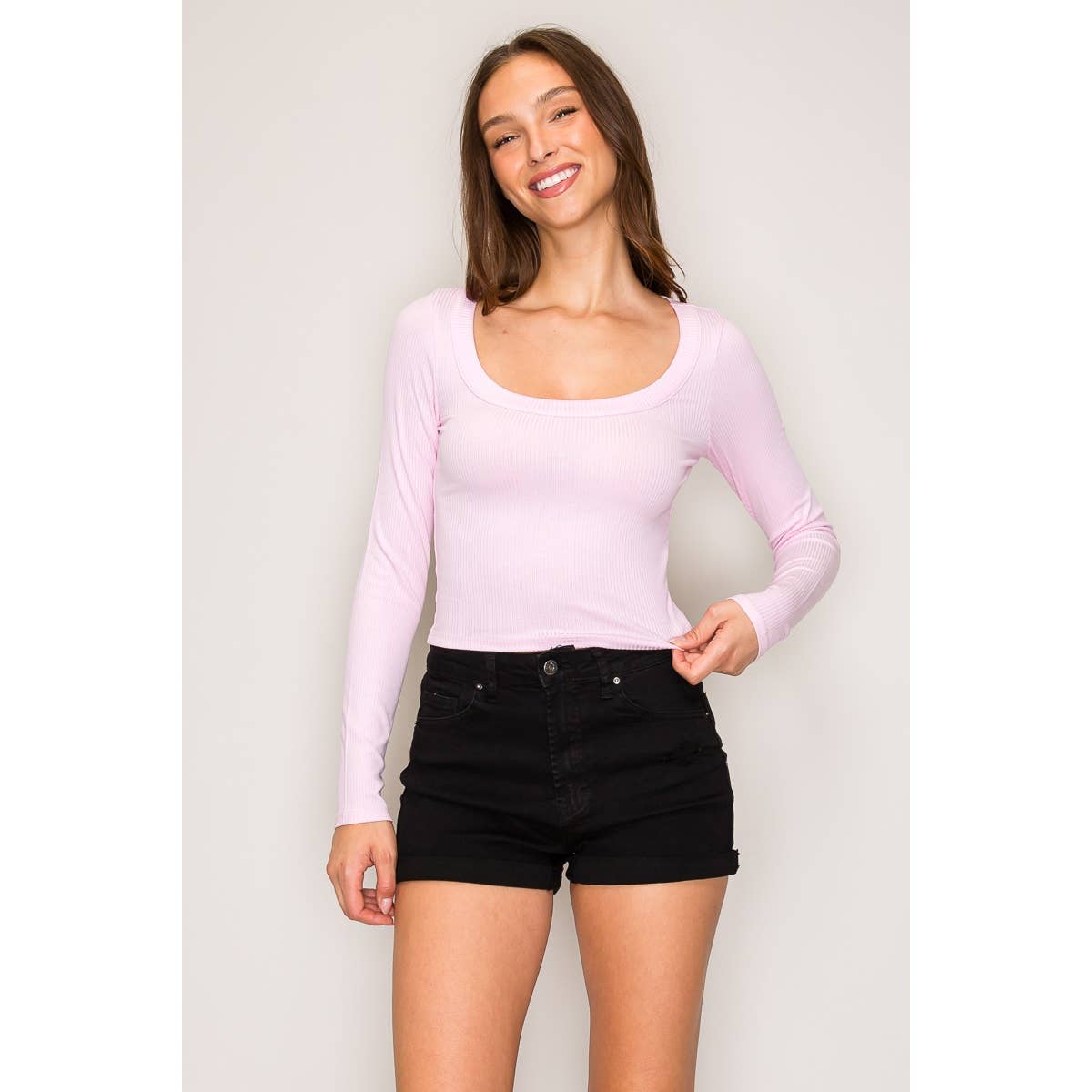Ribbed Long Sleeve Wide Neck Top