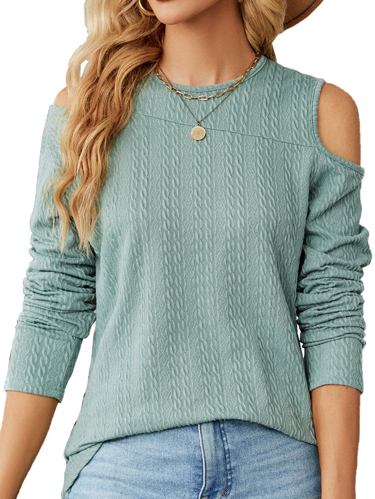 Round Neck Off Shoulder Loose Fitting Long Sleeved Tops