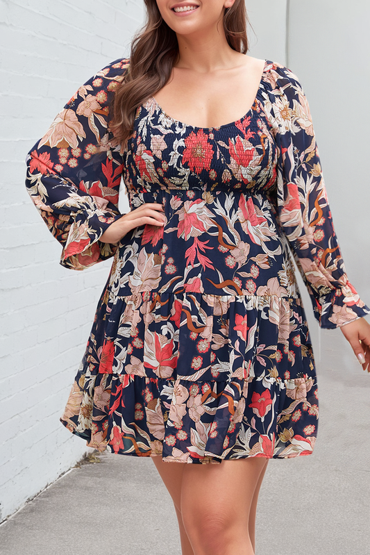 Floral Flounce Sleeve Smocked Ruffled Plus Size Dress