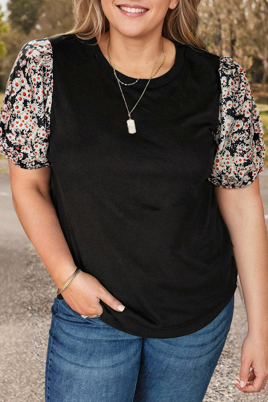 Plus Size Daisy Printed Short Bubble Sleeve Tunic Top