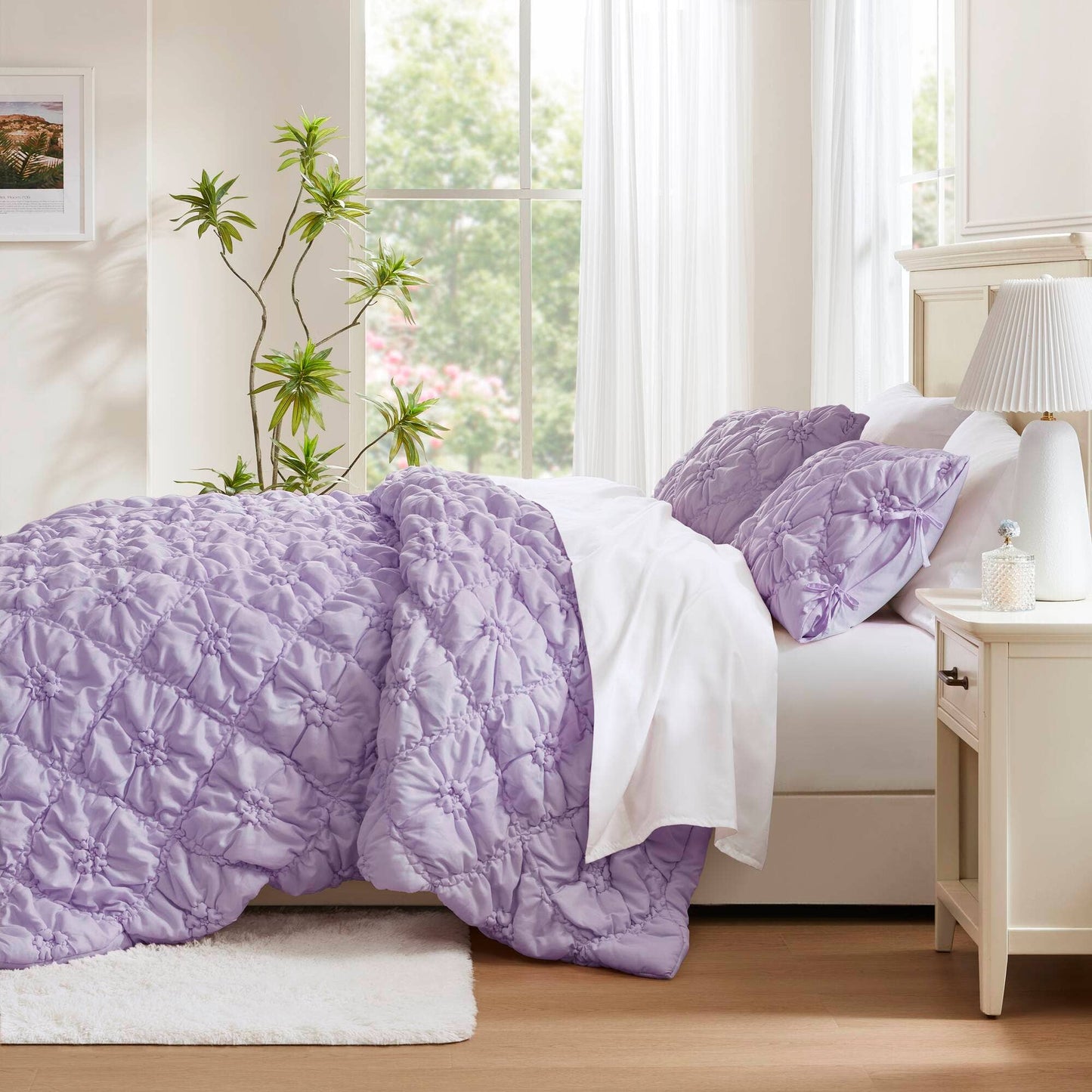 Bowtie Lightweight Puffy Floral Comforter Set, Purple