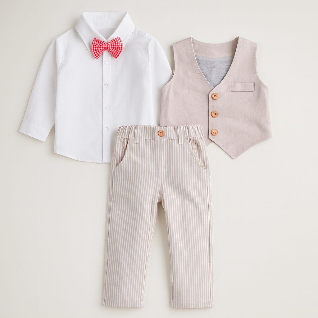 Khaki White Formal Wear Shirt, Pants & Vest 3pcs Boy Outfit