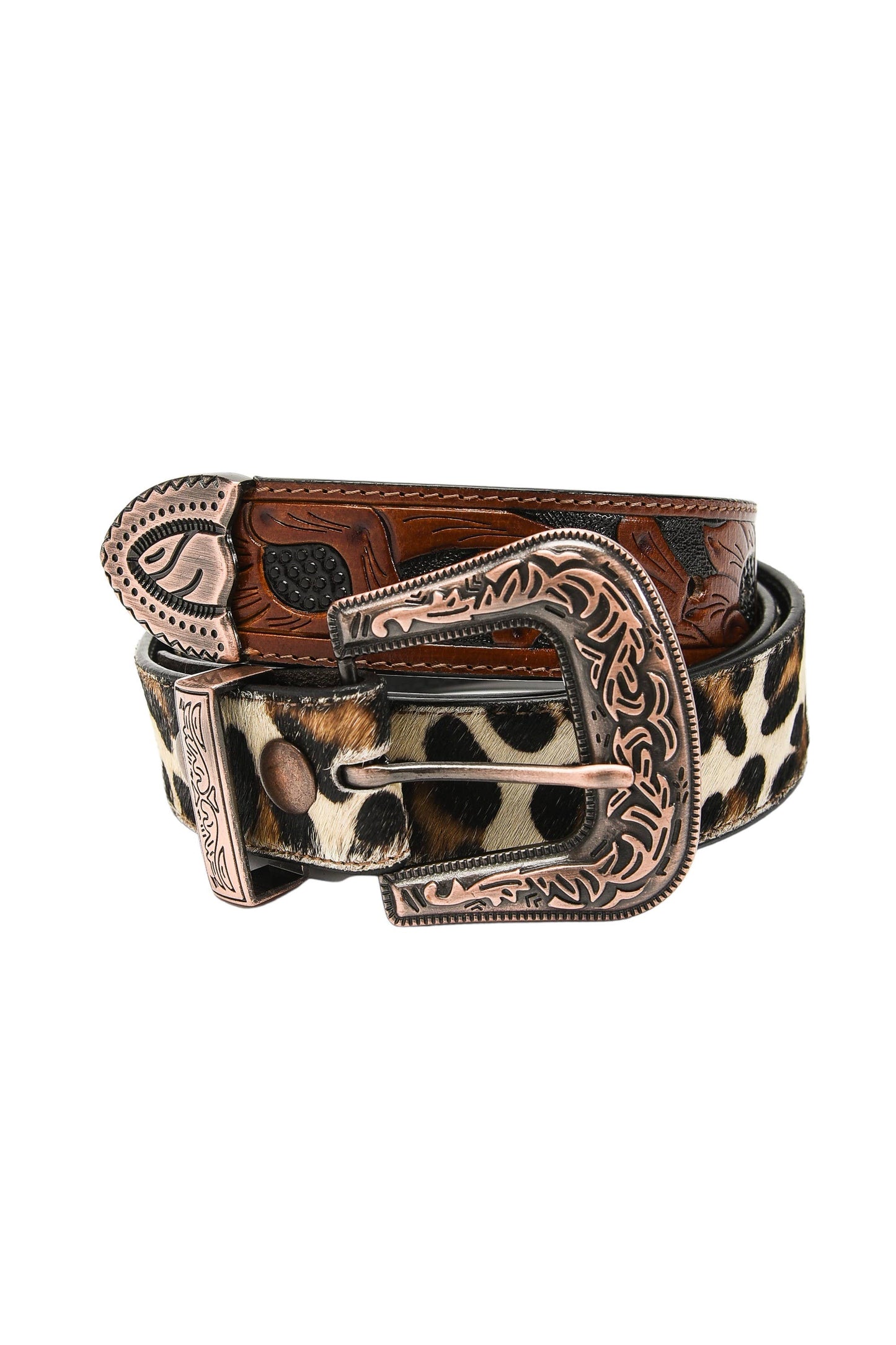 Mixed media leopard print tooled leather belt #ABB 001