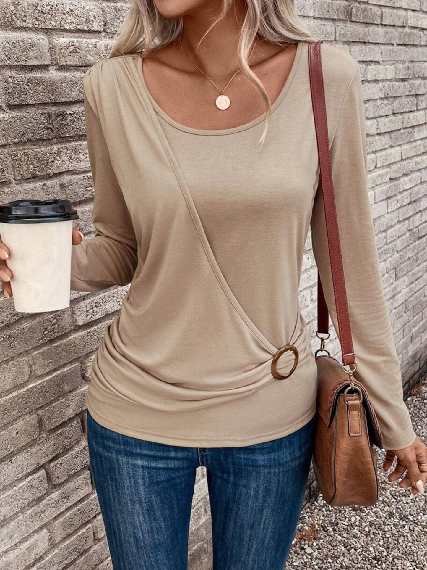 Round Neck Buckle Pleated Waistband Fashion Tops