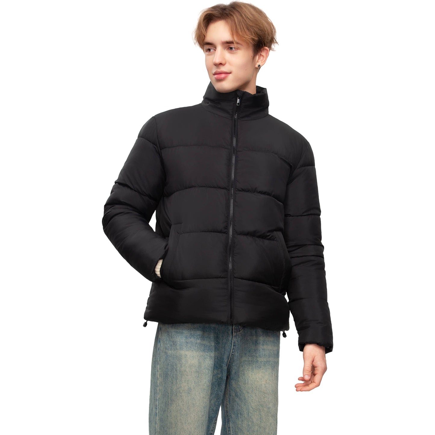 Men's Solid Puffer Coat Stand Up Collar Jacket