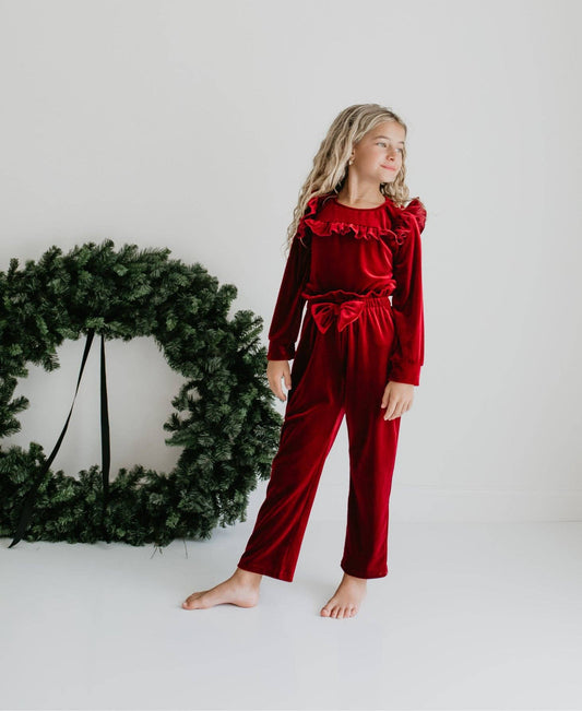 Girls Red Burgundy Velvet Christmas Holiday Pant Set