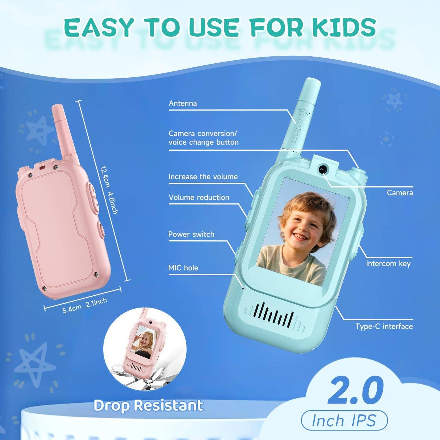 Kids Walkie Talkie Set with Long Range, Clear Sound, Flashli