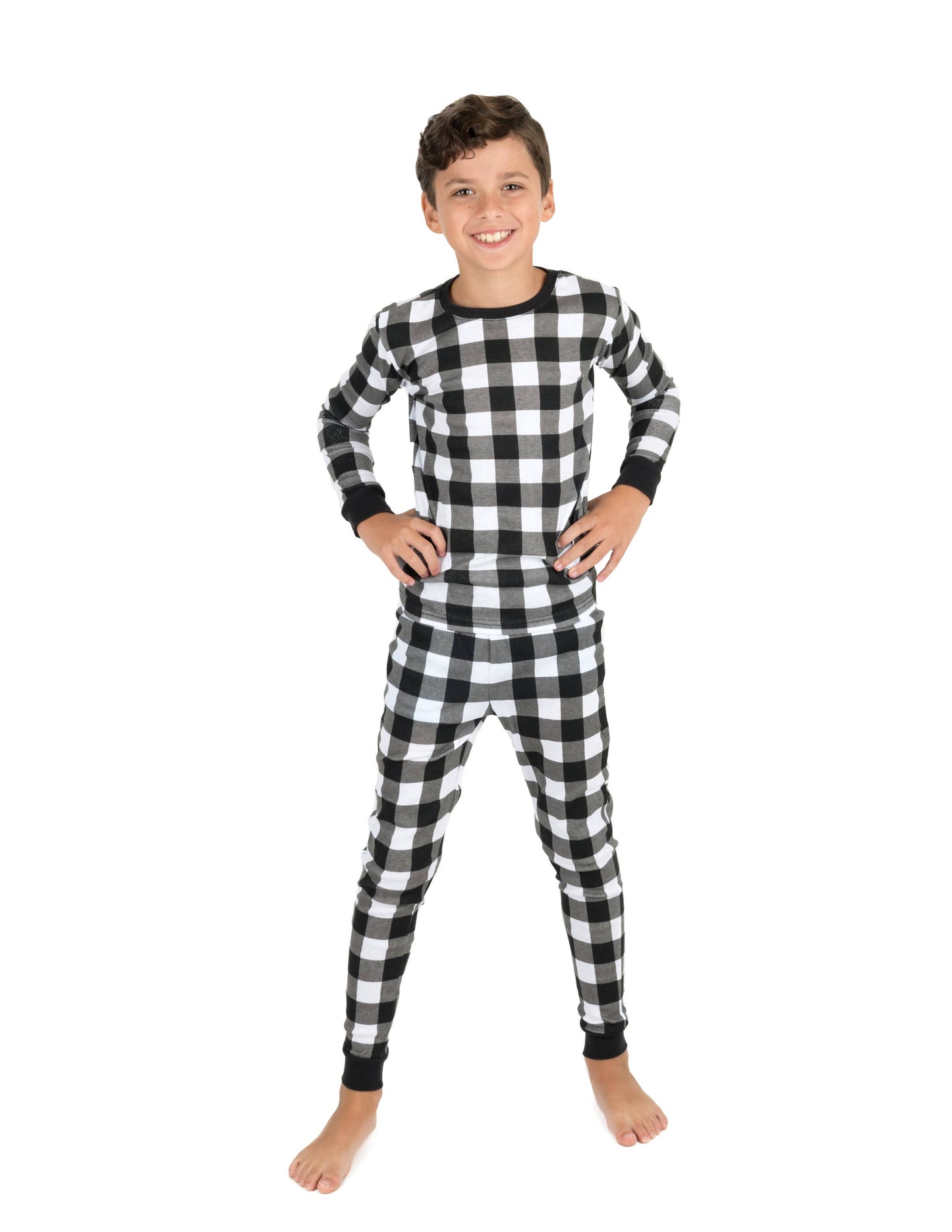 Kids Two Piece Cotton Pajamas Black & White Plaid