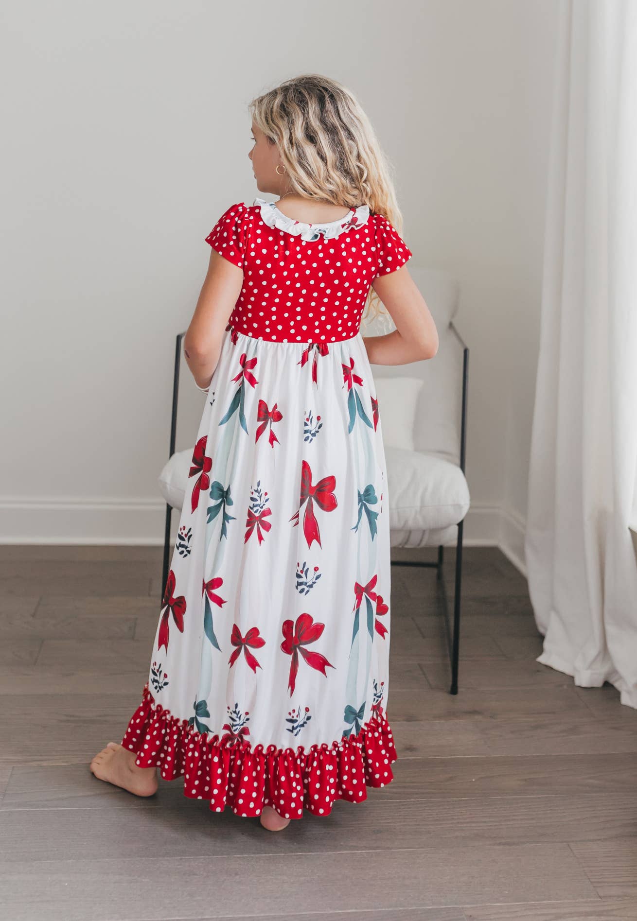 Kids Red Green Christmas Bow Holiday Ruffle Lounge Play Gown