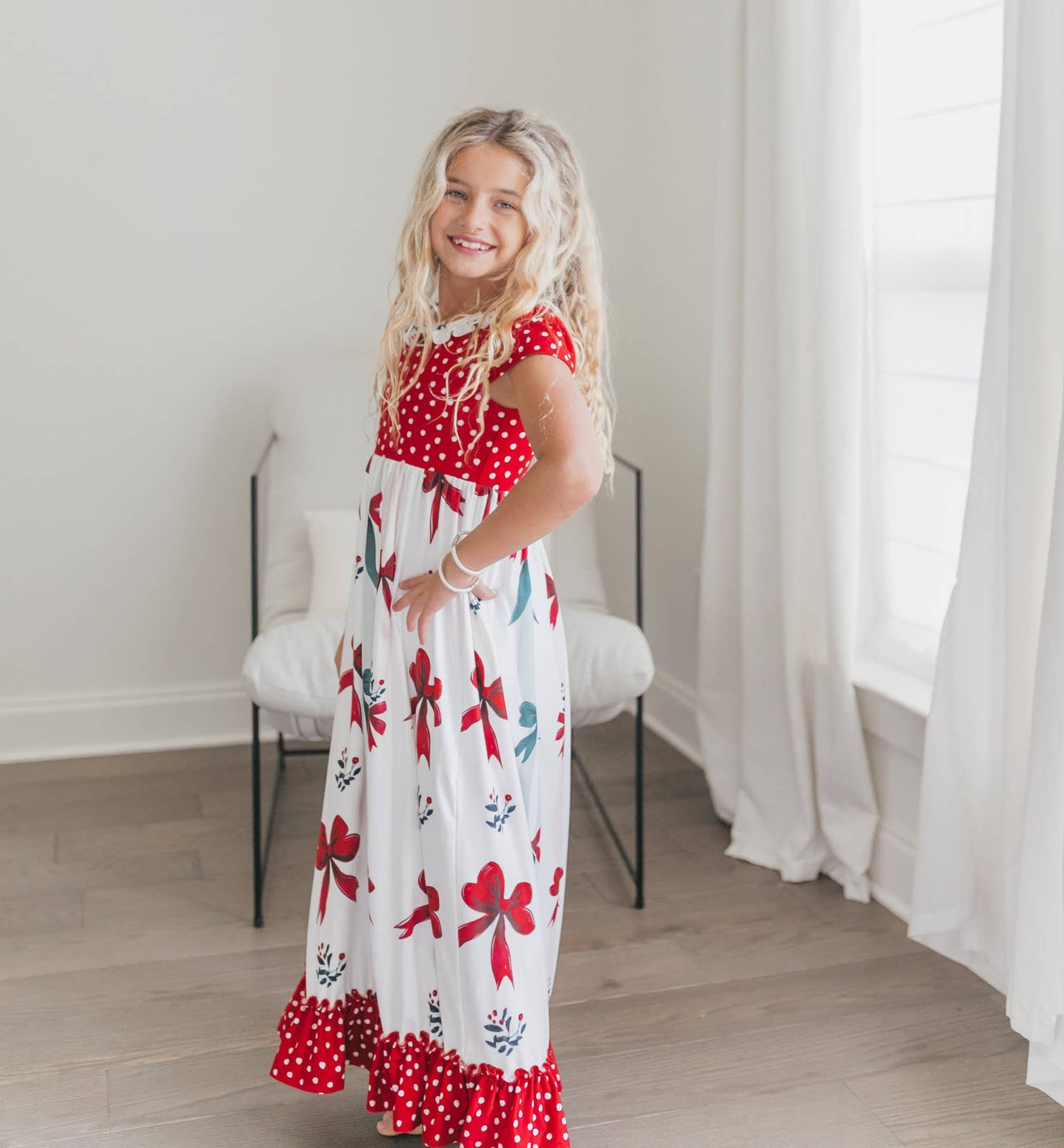 Kids Red Green Christmas Bow Holiday Ruffle Lounge Play Gown