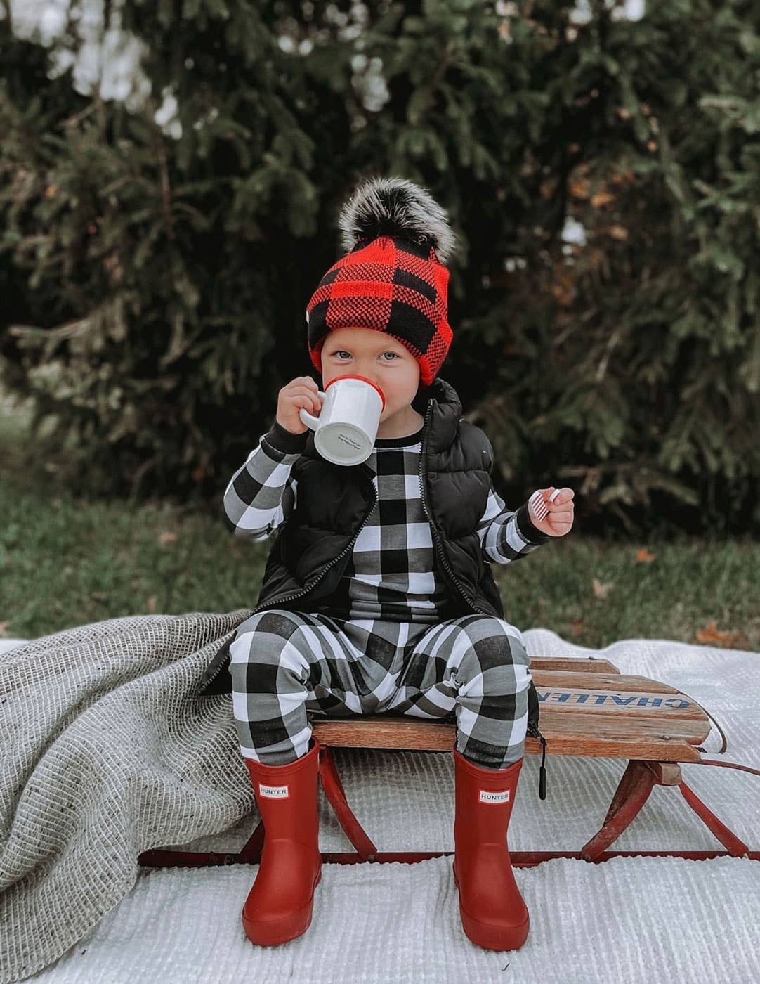 Kids Two Piece Cotton Pajamas Black & White Plaid