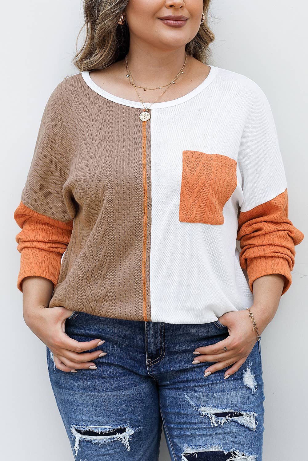 Orange Colorblock Chest Pocket Textured Knit Top(S-XL)