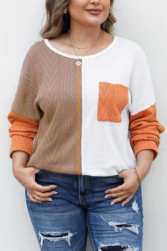 Orange Colorblock Chest Pocket Textured Knit Top(S-XL)