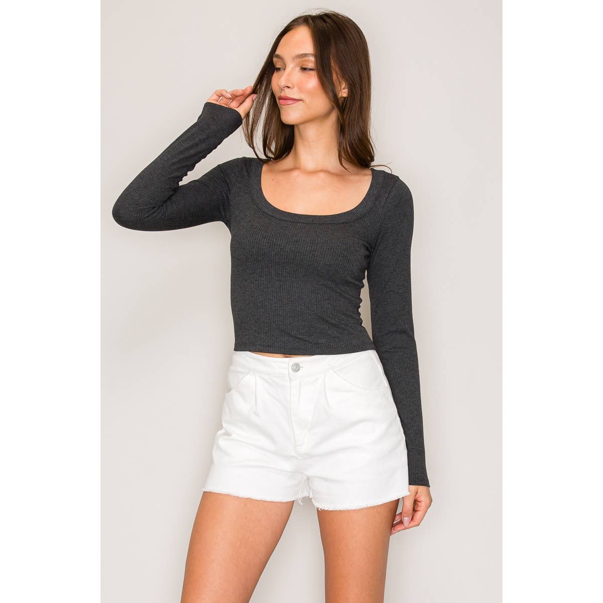 Ribbed Long Sleeve Wide Neck Top