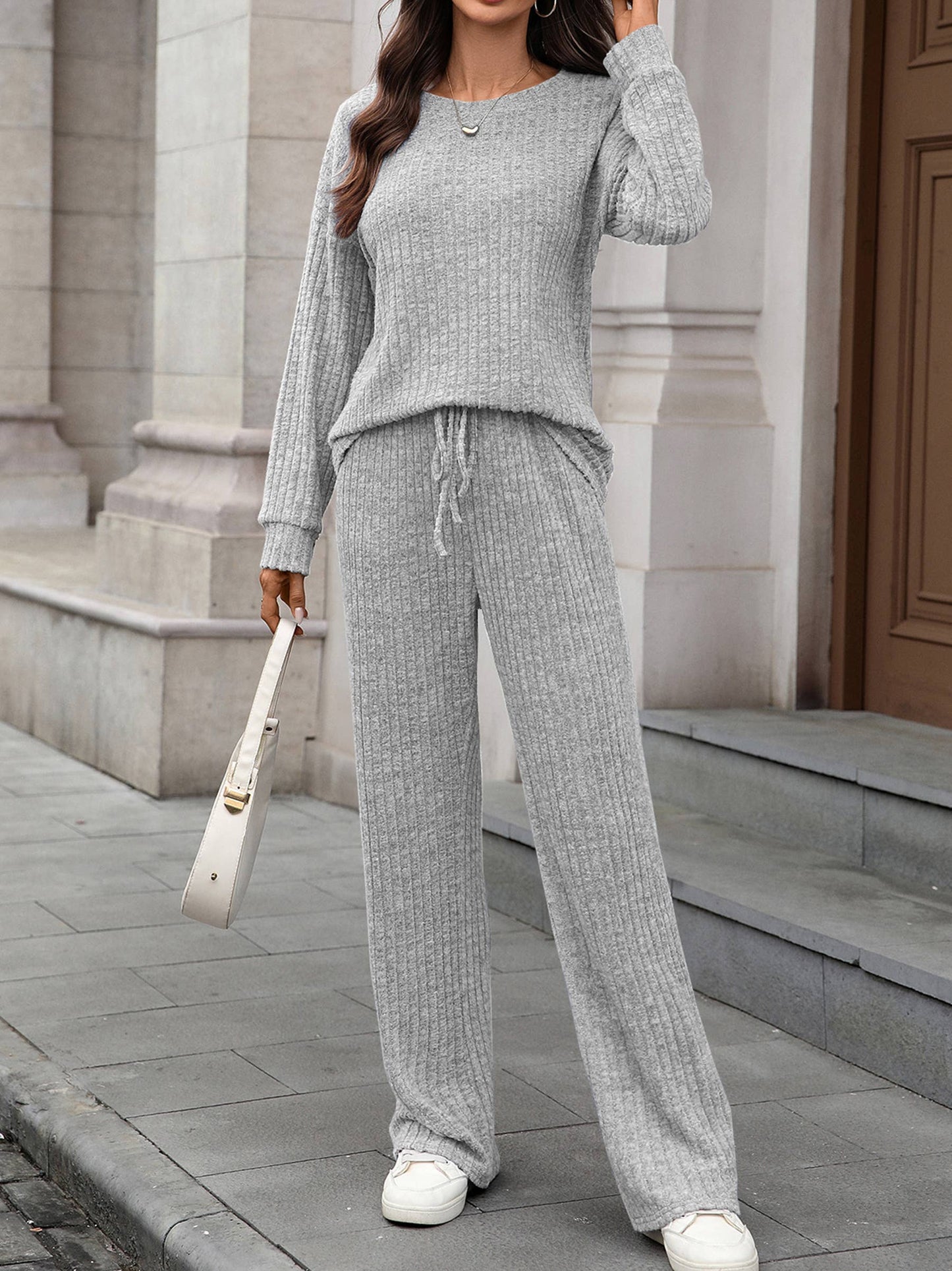 Round Neck Knitted Brushed Long Sleeved Pants Set