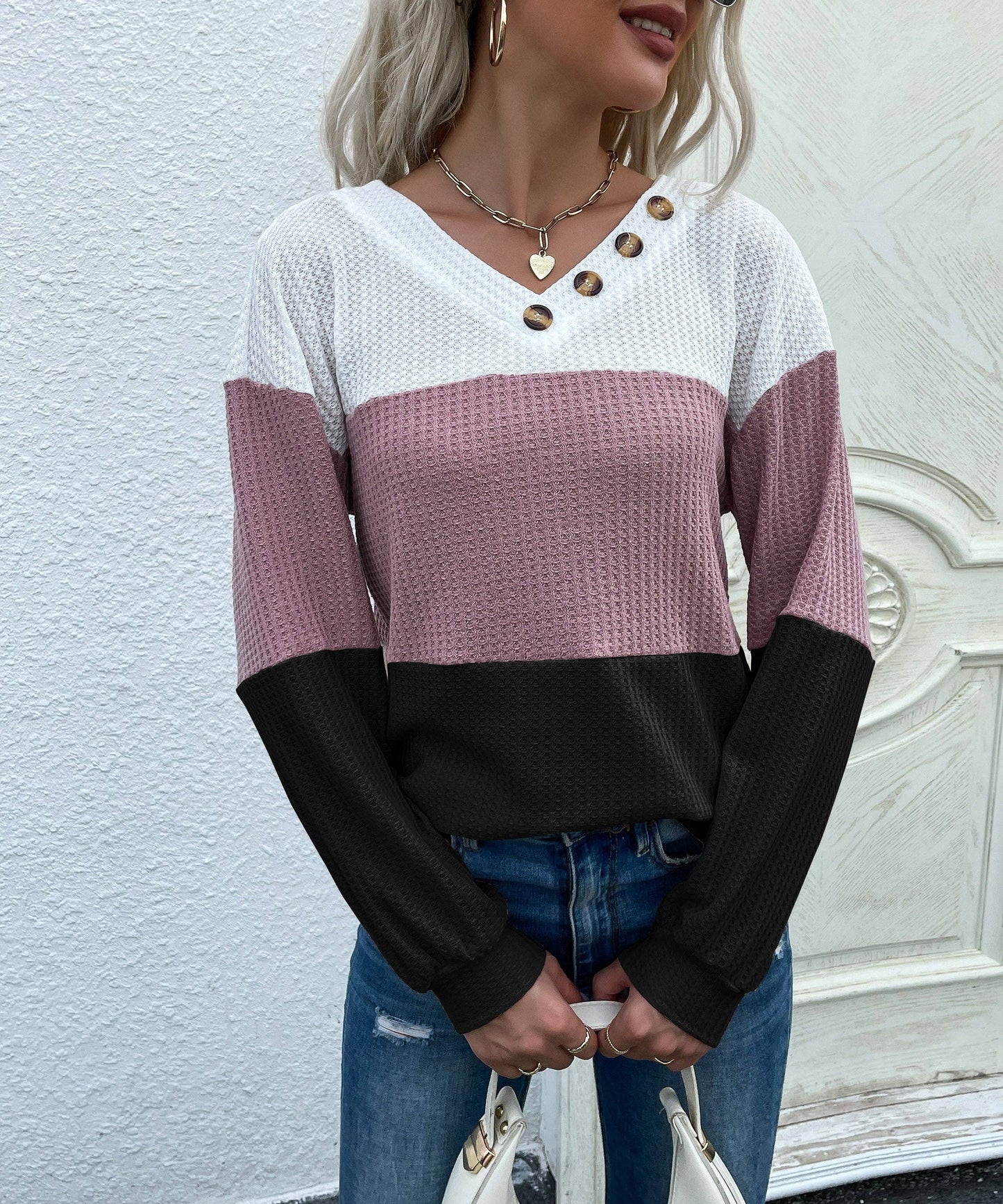 Long Sleeve Pullover Colorblocked V-Neck Knit Sweater