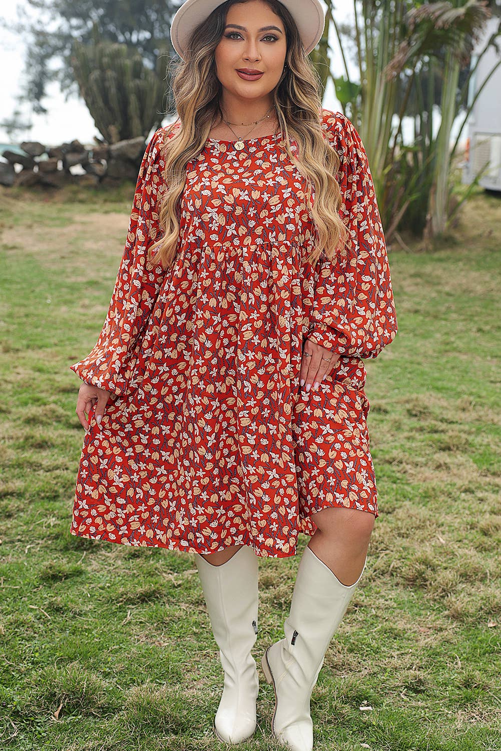Gold Flame Ploral Print Plus Size Midi Dress