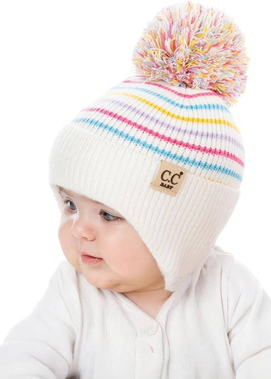 Infant Pom Striped Earflap Beanie - Ivory/Multicolor