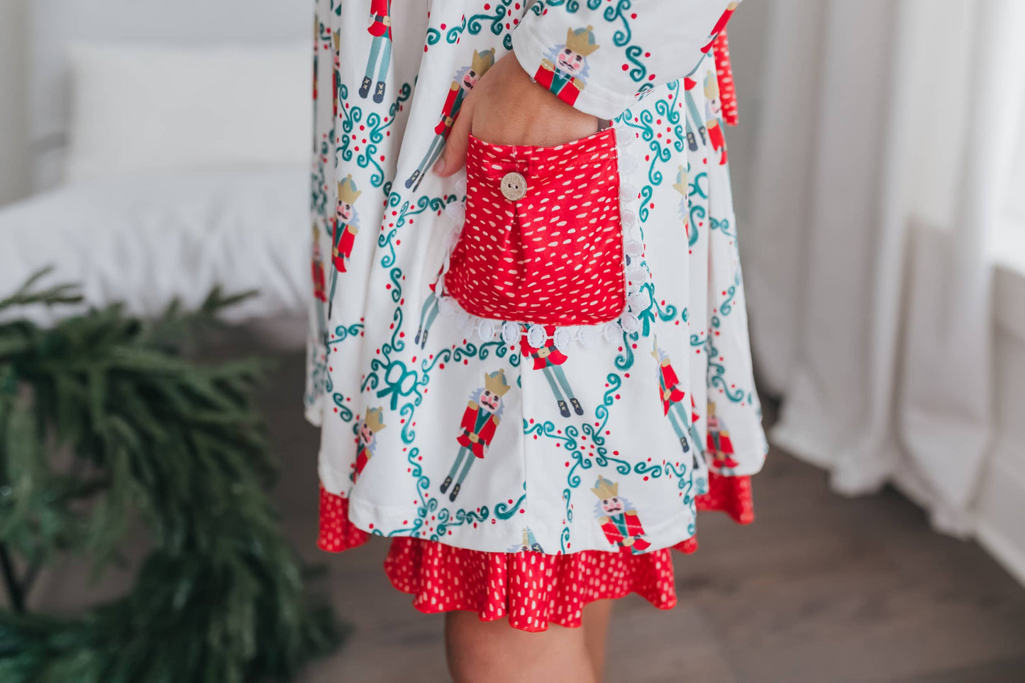 Kids Christmas Holiday Nutcracker Pocket Tie Ruffle Dress