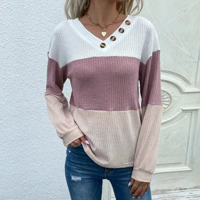 Long Sleeve Pullover Colorblocked V-Neck Knit Sweater