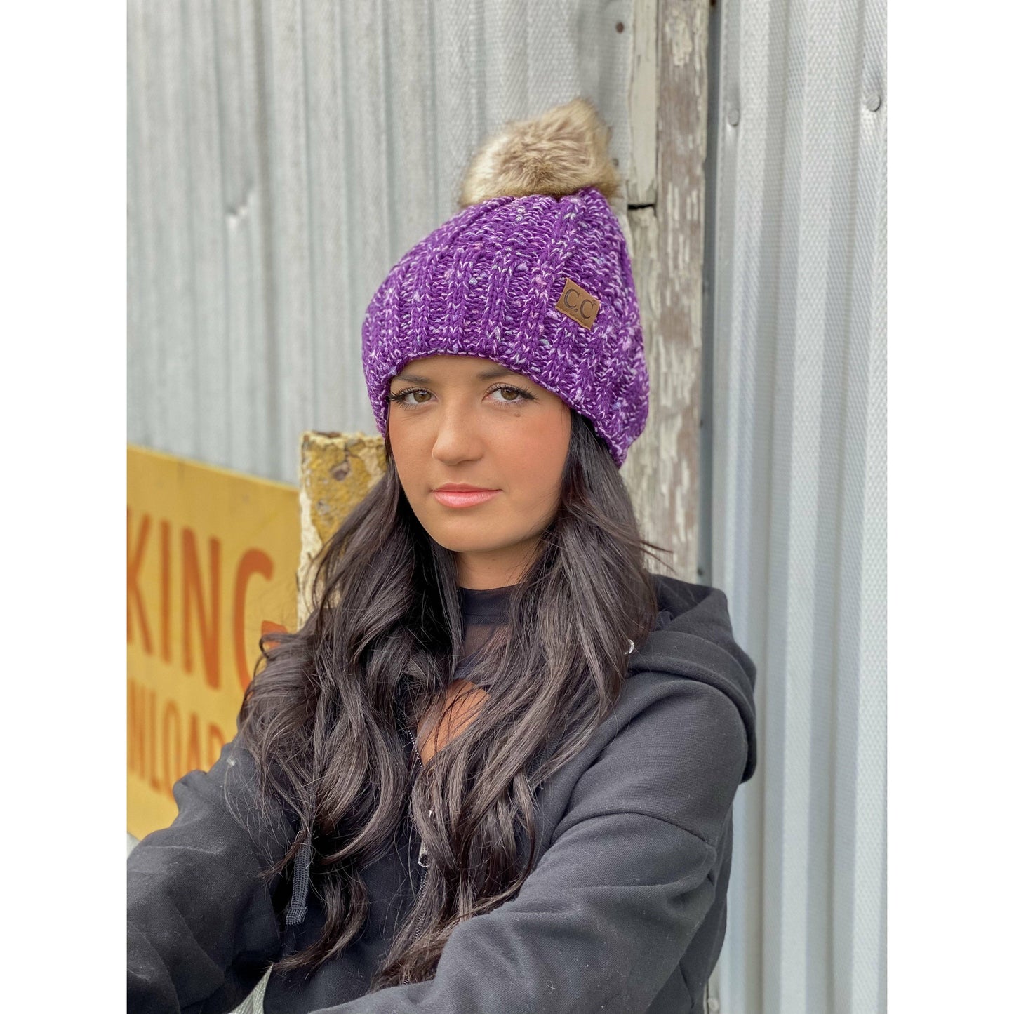 Fuzzy Lined Confetti Knit Fur Pom CC Beanie YJ823
