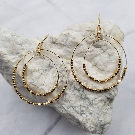 Gold Metal Beaded Double Circle Hoop Earrings