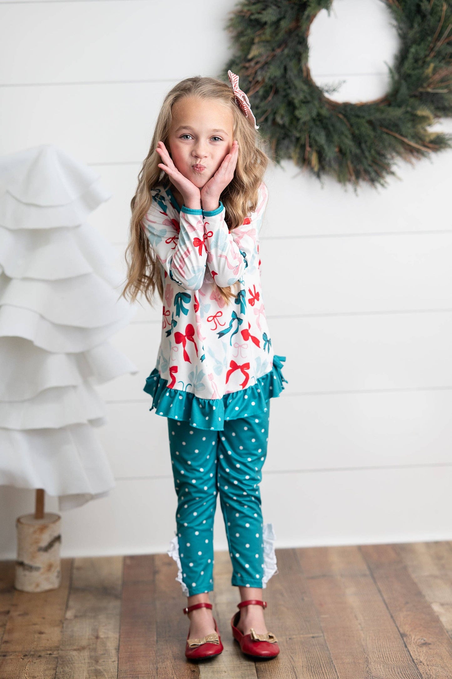 Girls Teal Coquette Bow & Pin Dot Ruffle Pant Winter Set