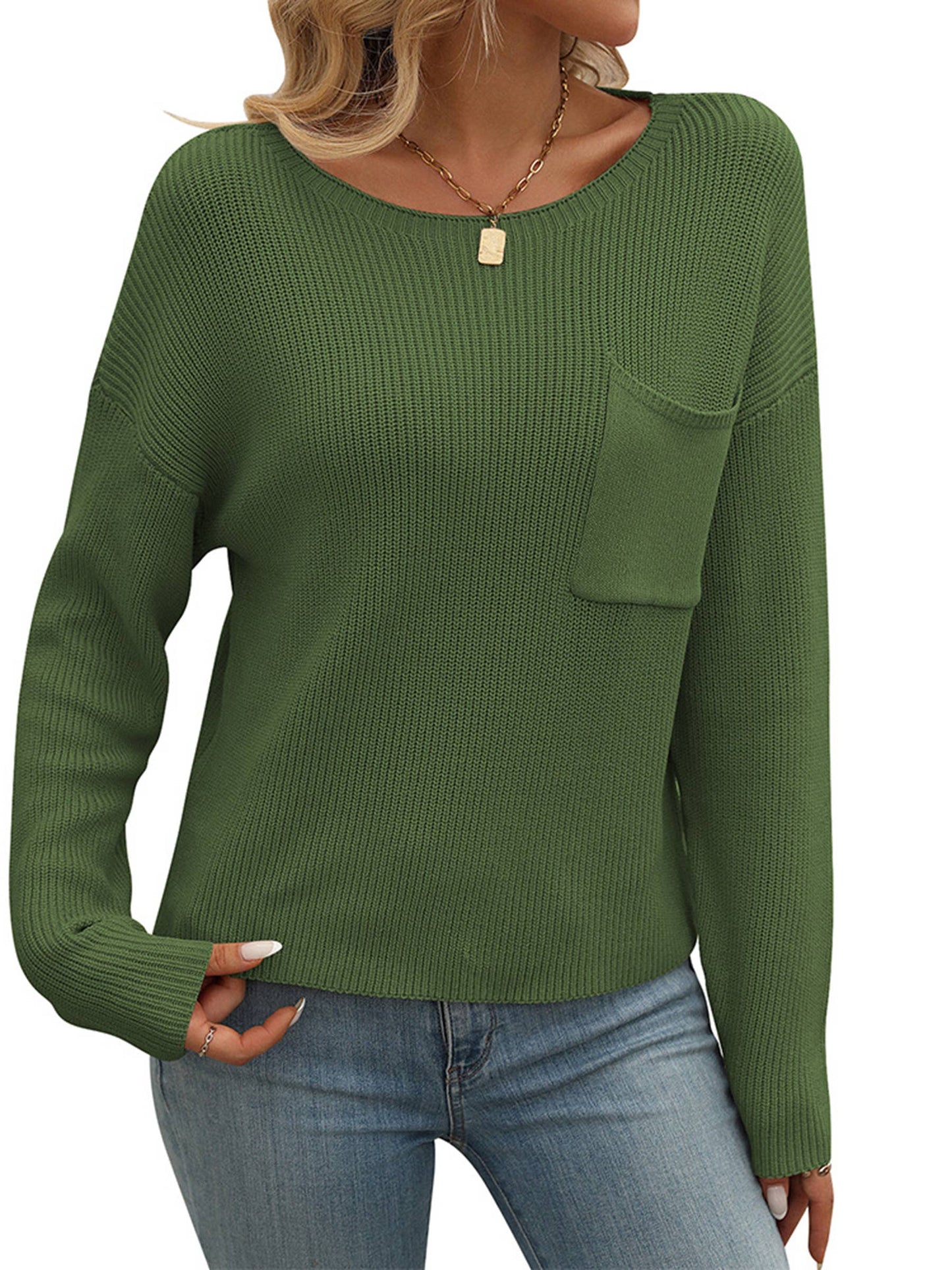 Round Neck Pocket Long Sleeved Sweater