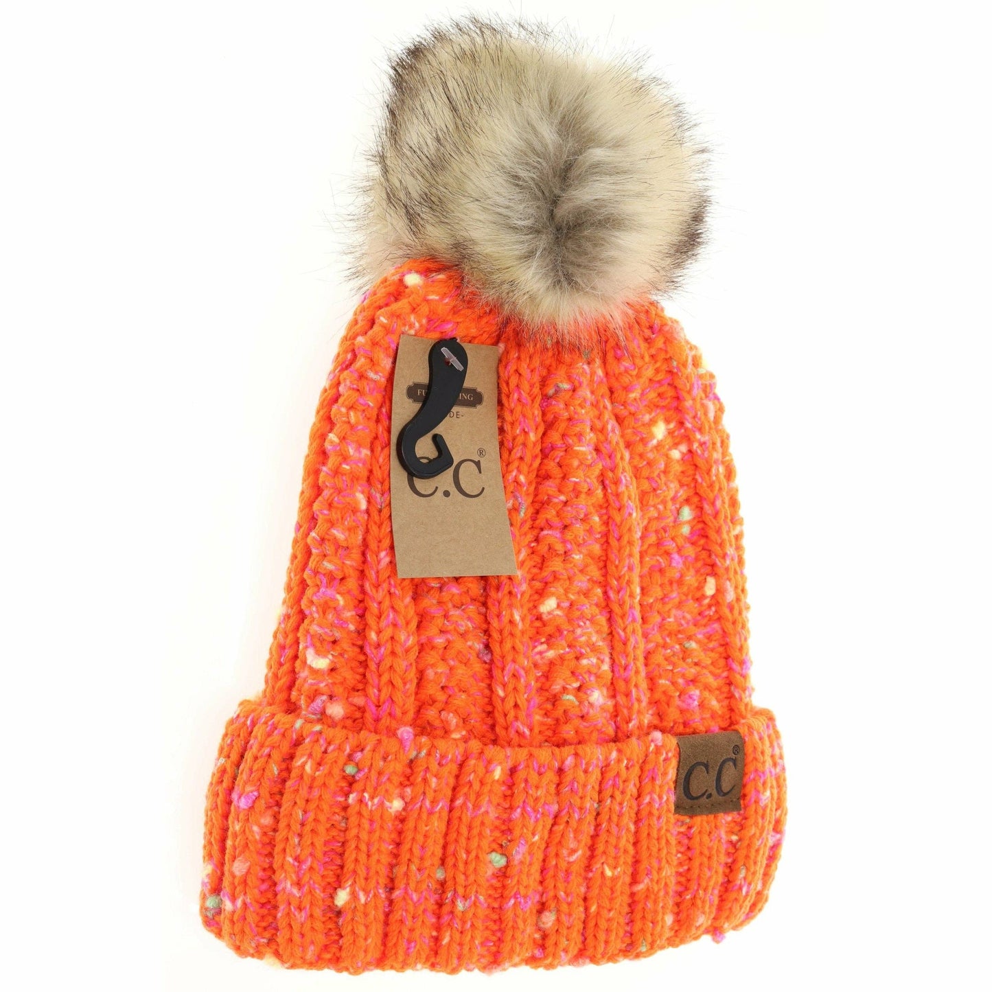 Fuzzy Lined Confetti Knit Fur Pom CC Beanie YJ823