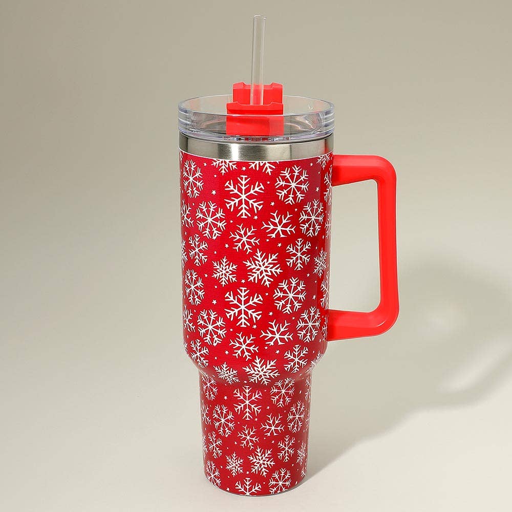Snowflake Pattern Printed Holiday 40oz Stainless Steel Tumbler with Handle