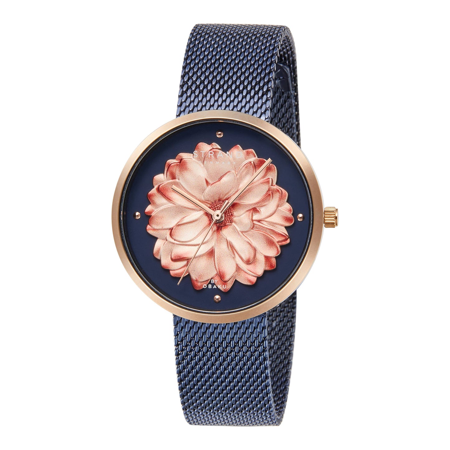 Rose Gold & Blue flower Blossom two-tone quartz mesh watch