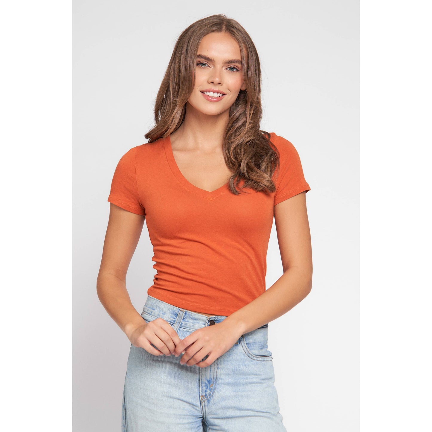 V Neck Short Sleeve Rib Knit Solid Cropped Tee
