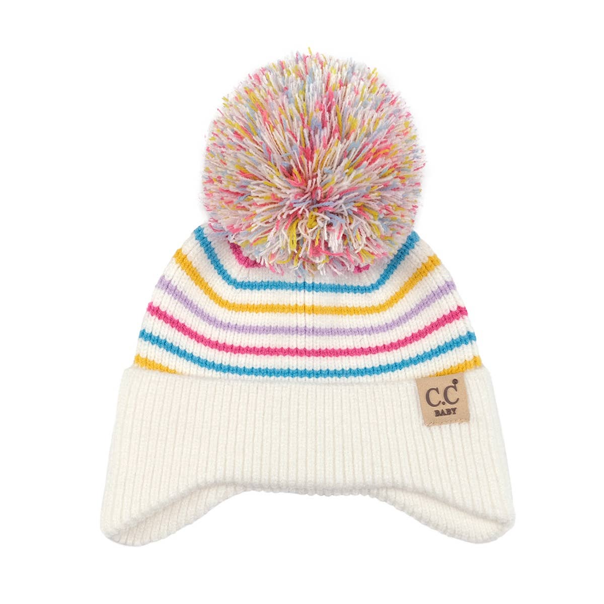 Infant Pom Striped Earflap Beanie - Ivory/Multicolor