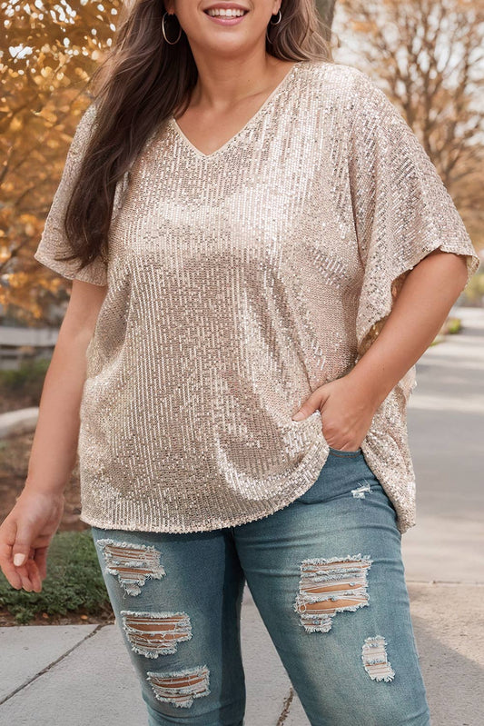 Plus Size Sequined V Neck Short Sleeve Boxy Top