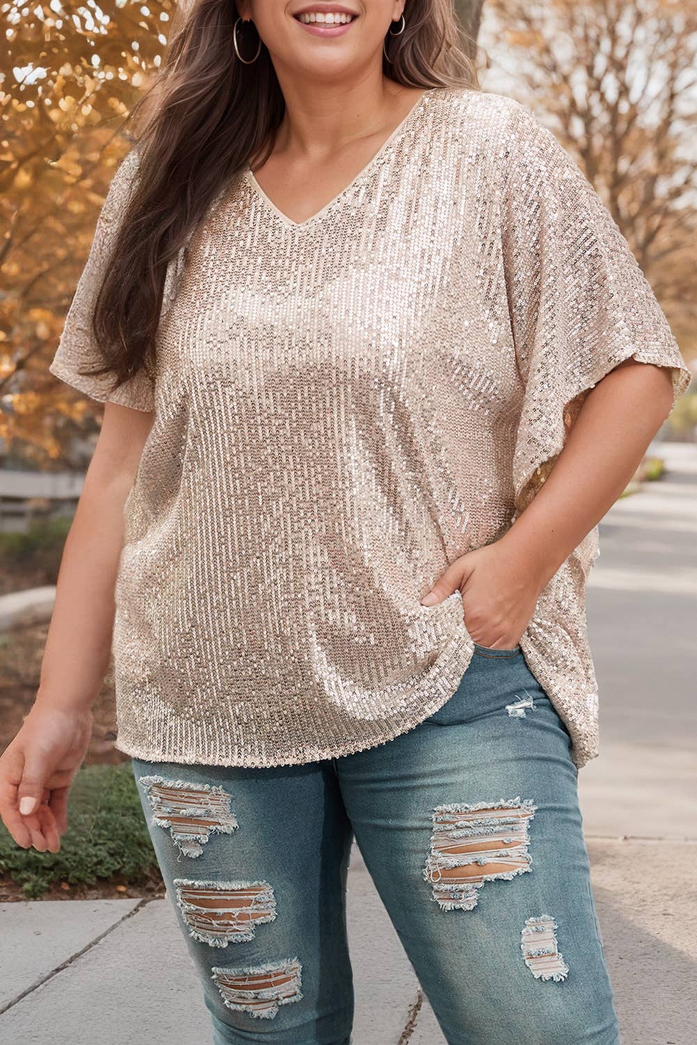 Plus Size Sequined V Neck Short Sleeve Boxy Top