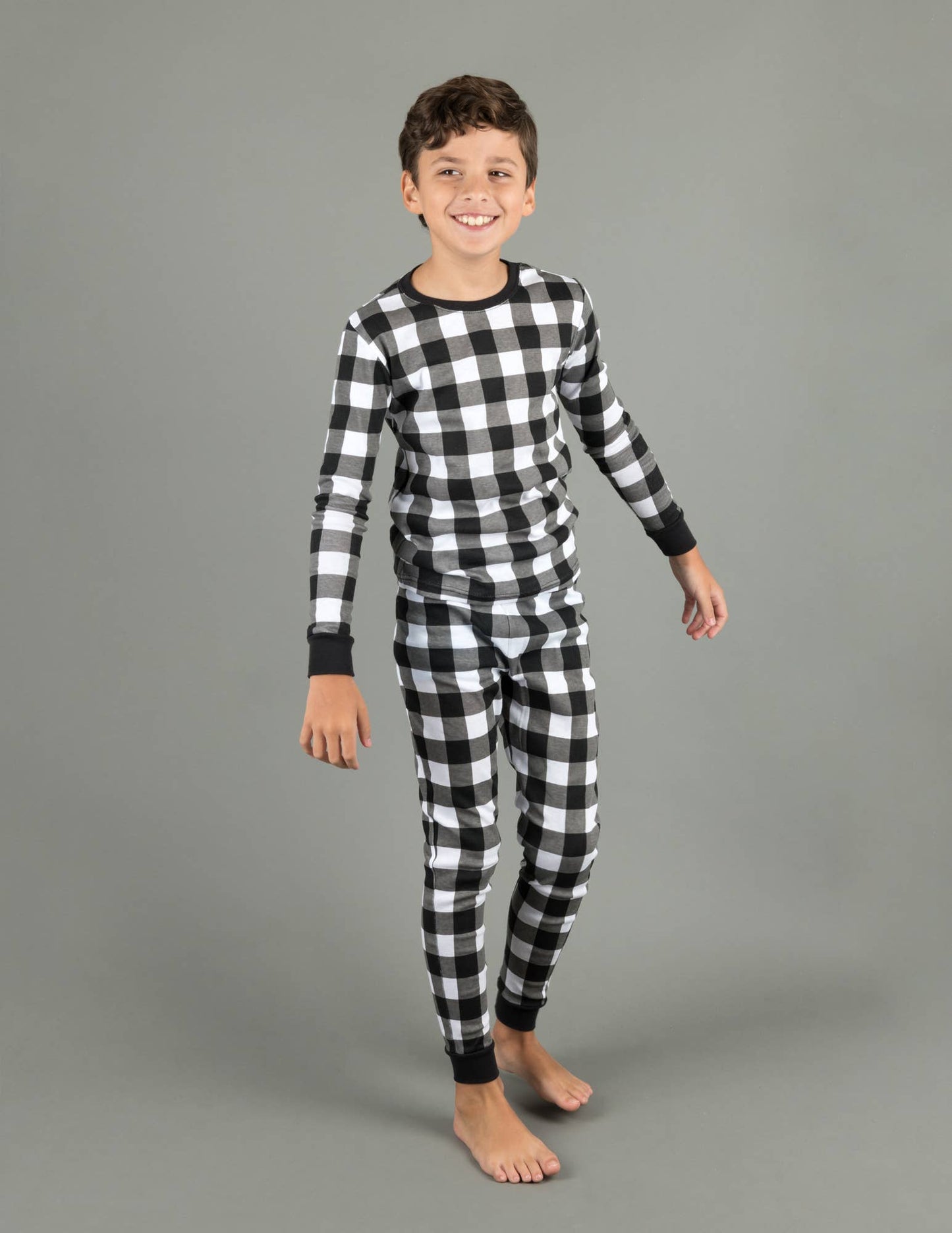 Kids Two Piece Cotton Pajamas Black & White Plaid